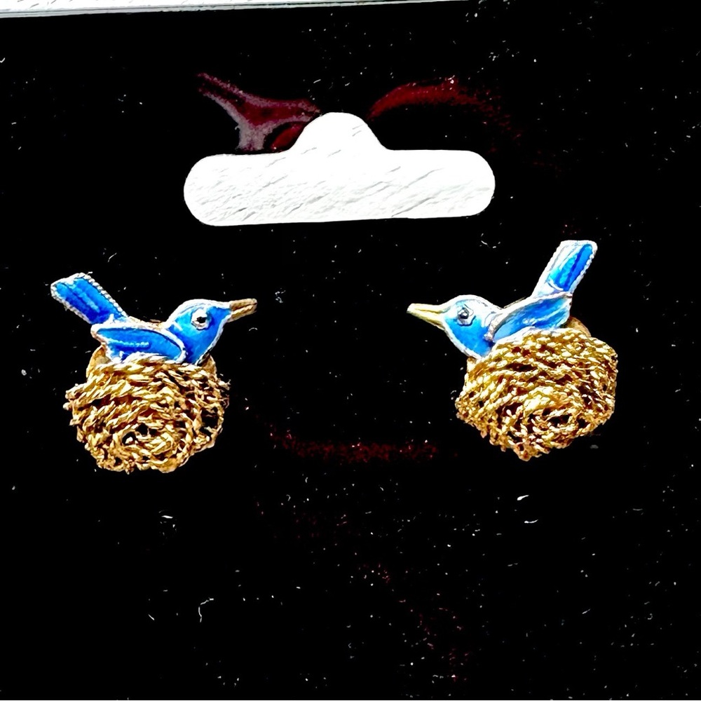 Blue Bird Earrings Gilt Sterling Silver Enamel Vintage